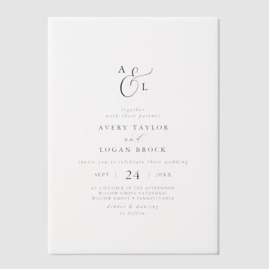 Elegantes Script Boho Simple Monogram Modern Weddi Pergament Einladungen (Vorderseite)