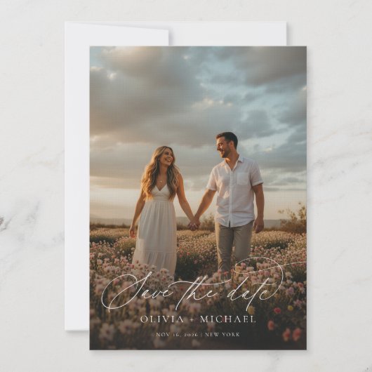 Elegantes Script Boho Wedding Foto Save The Date (Vorderseite)