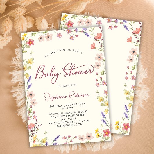 Elegantes Script Boho Wildblume Girl Baby Shower Einladung