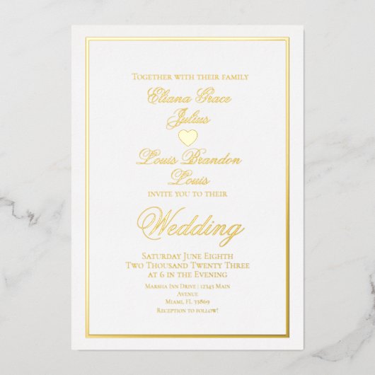 Elegantes Script Border Heart Wedding Pressed Folieneinladung (Vorderseite)