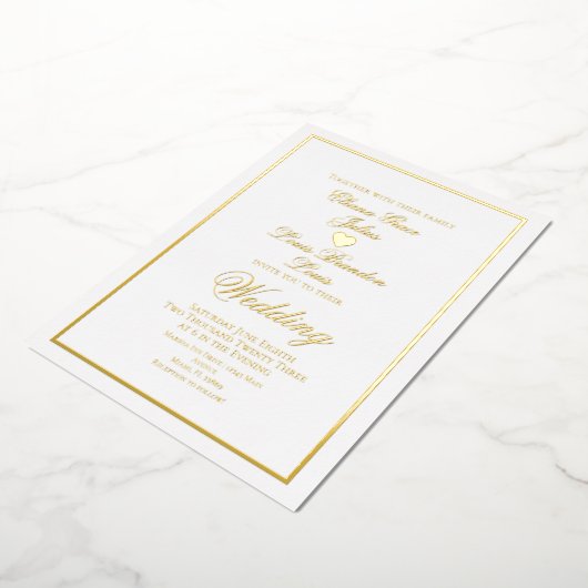 Elegantes Script Border Heart Wedding Pressed Folieneinladung (Gedreht)