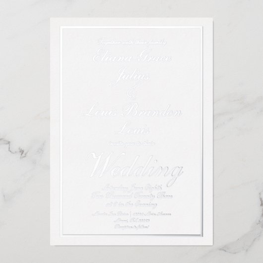 Elegantes Script Border Wedding Pressed Silver Folieneinladung (Vorderseite)