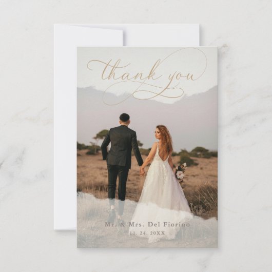 Elegantes Script Botanical 2-Foto Overlay Wedding Dankeskarte (Vorderseite)