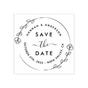 Elegantes Script & Botanischer Kranz Save the Date Gummistempel