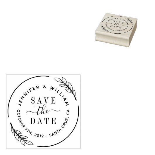 Elegantes Script & Botanischer Kranz Save the Date Gummistempel (Stempel)