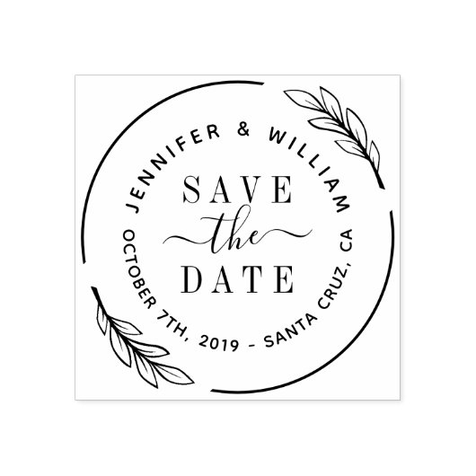 Elegantes Script & Botanischer Kranz Save the Date Gummistempel (Prägung)