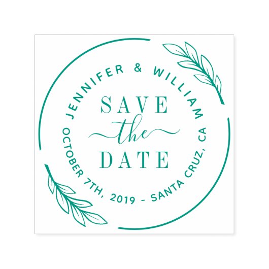 Elegantes Script & Botanischer Kranz Save the Date Permastempel (Design)