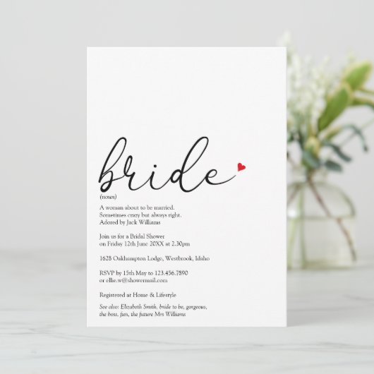 Elegantes Script Bride Definition-Brautparty Einladung (Stehend Vorderseite)