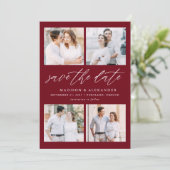 Elegantes Script Burgundy 4 Foto Collage Save The Date (Stehend Vorderseite)