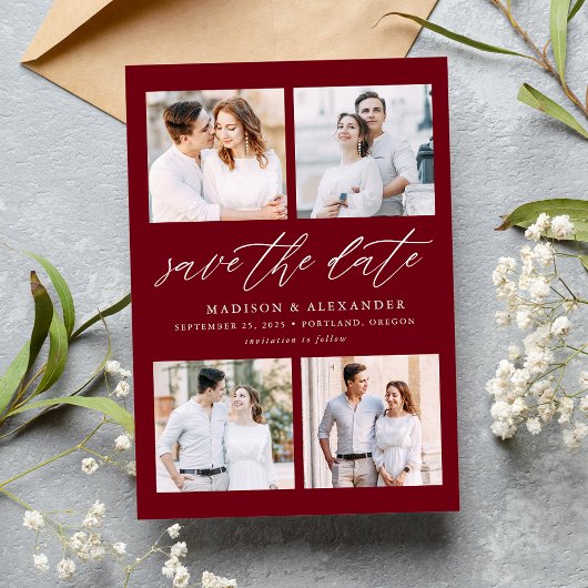 Elegantes Script Burgundy 4 Foto Collage Save The Date