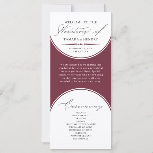 Elegantes Script Burgundy Arch Wedding Programm (Vorderseite)