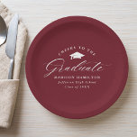 Elegantes Script Burgundy Cheers to the Graduate Pappteller<br><div class="desc">Elegante Abschluss-Papier-Teller mit einem Graduierungspapier mit der Phrase "Cheers to the Graduate" in einem weißen Kalligrafieschrift auf bordeauxrotem Hintergrund. Personalisieren Sie die modernen Abschluss-Papier-Teller mit dem Namen des Absolventen,  Schulname und Abschluss Jahr. Die einfachen Abschluss-Teller sind ideal für Ihr High School- oder Uni-Abschluss-Party.</div>