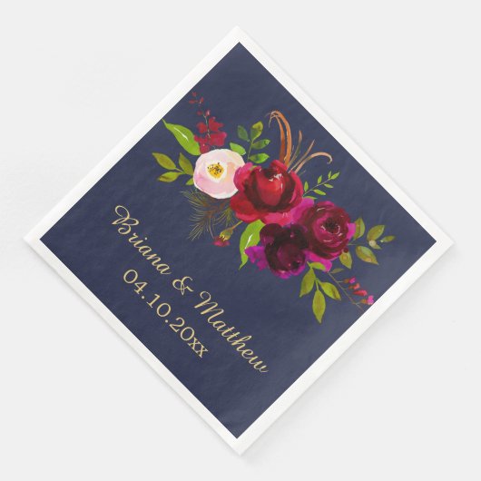 Elegantes Script Burgundy Floral Navy Blue Dinner Serviette (Ecke)