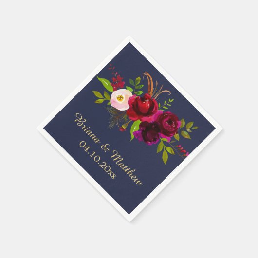 Elegantes Script Burgundy Floral Navy Blue Serviette (Ecke)