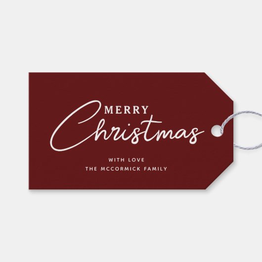 Elegantes Script Burgundy Frohe Weihnachten Geschenkanhänger (Vorderseite (Horizontal))