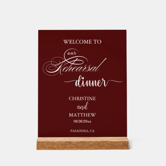 Elegantes Script Burgundy Probe Dinner Willkommen Acrylschild (Vorderseite)