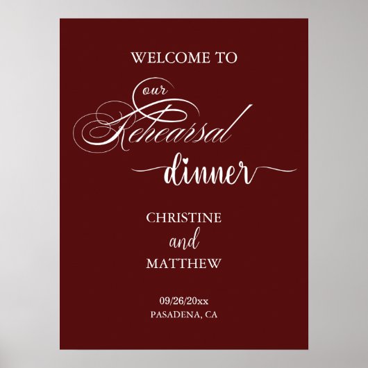 Elegantes Script Burgundy Probe Dinner Willkommen Poster (Vorne)