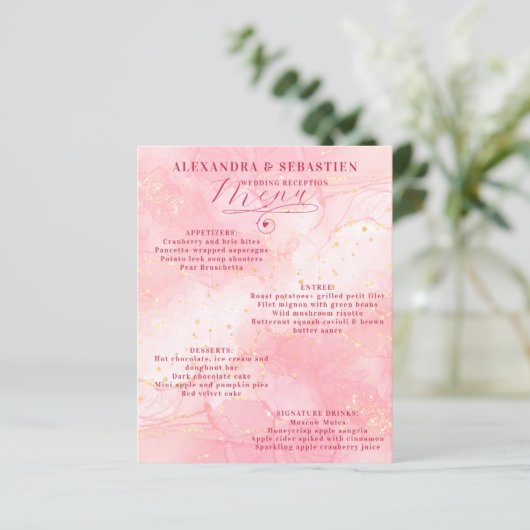 Elegantes Script Burgundy Rose Gold Wedding Menu (Stehend Vorderseite)