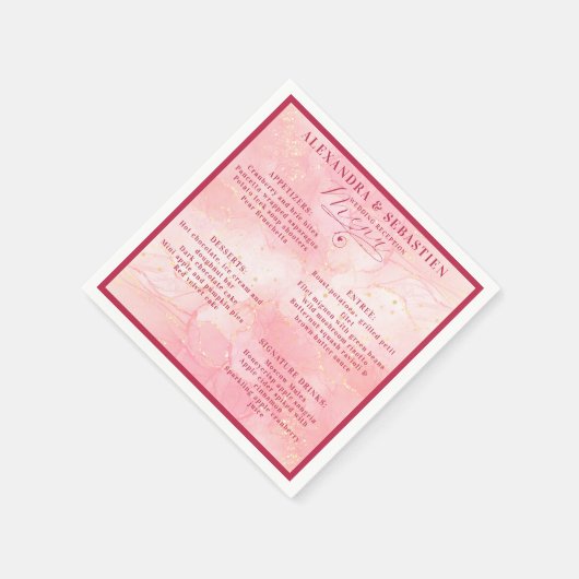 Elegantes Script Burgundy Rose Gold Wedding Menu Serviette (Ecke)