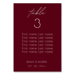 Elegantes Script Burgundy Seating Chart Tischnummer