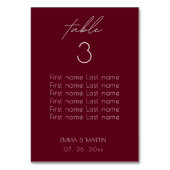Elegantes Script Burgundy Seating Chart Tischnummer (Rückseite)