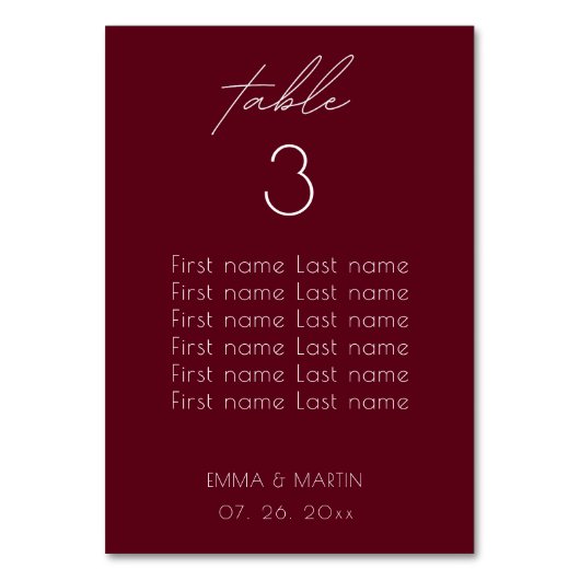 Elegantes Script Burgundy Seating Chart Tischnummer (Rückseite)
