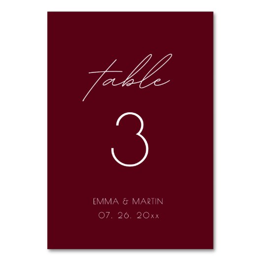 Elegantes Script Burgundy Wedding Tischnummer (Vorderseite)