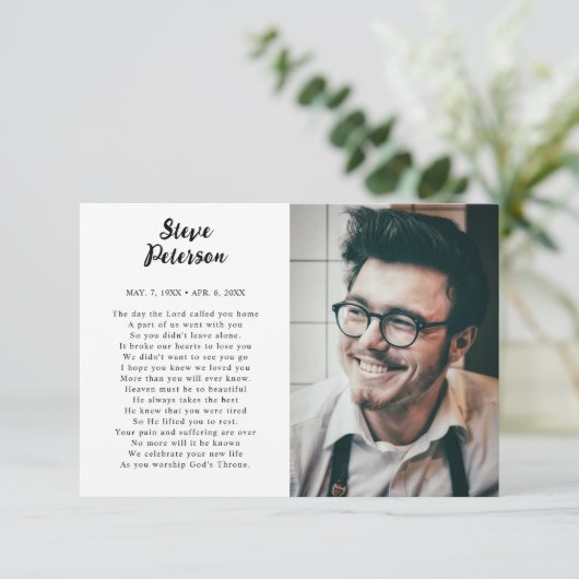 Elegantes Script Calligraphy Foto Beileid Beerdigu Dankeskarte (Stehend Vorderseite)