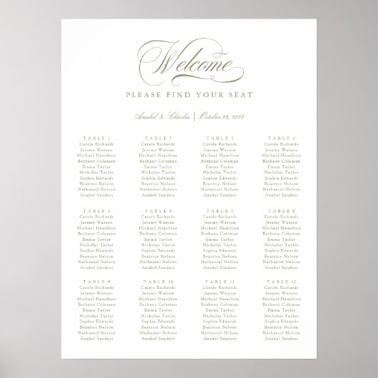 Elegantes Script Calligraphy Minimal Seating Chart Poster (Vorne)