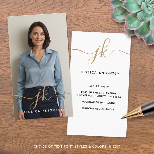 Elegantes Script Calligraphy Monogram Logo-Foto Visitenkarte