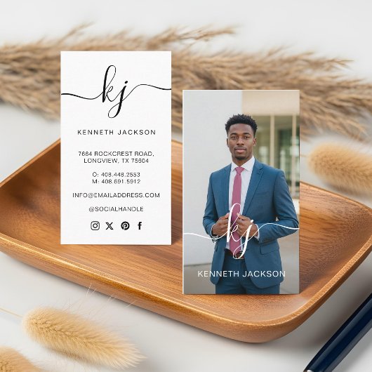 Elegantes Script Calligraphy Monogram Logo & Foto Visitenkarte