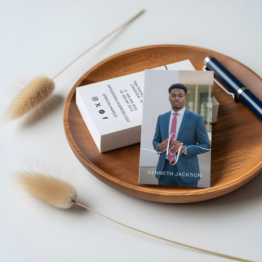 Elegantes Script Calligraphy Monogram Logo & Foto Visitenkarte