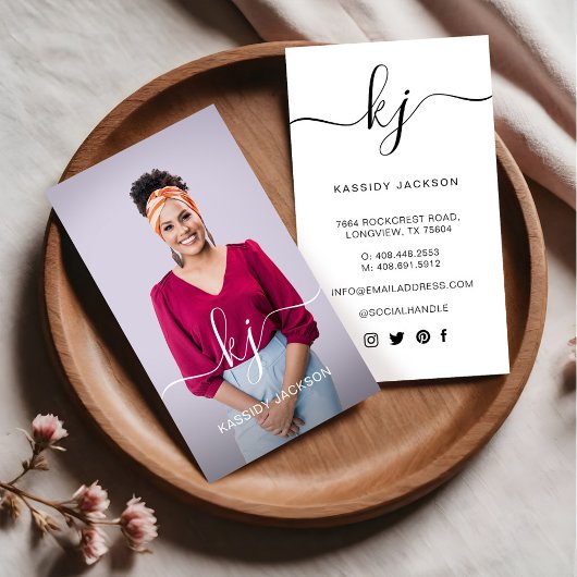 Elegantes Script Calligraphy Monogram Logo & Foto Visitenkarte