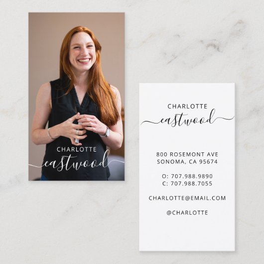 Elegantes Script Calligraphy Monogram Logo & Foto Visitenkarte (Vorne/Hinten)