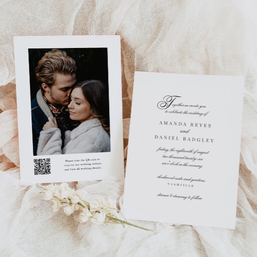 Elegantes Script Calligraphy QR Code Foto Hochzeit Einladung
