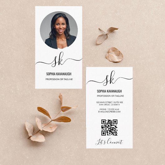 Elegantes Script Calligraphy QR Code Monogram Foto Visitenkarte