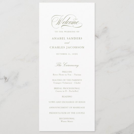 Elegantes Script Calligraphy Sage Wedding Program Programm (Vorderseite)