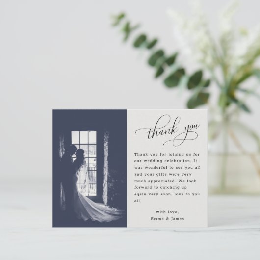 Elegantes Script Calligraphy Wedding Foto Vielen D Postkarte (Stehend Vorderseite)