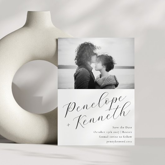 Elegantes Script Calligraphy White Wedding Foto Save The Date