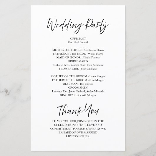 Elegantes Script Calligraphy White Wedding Program (Rückseite)