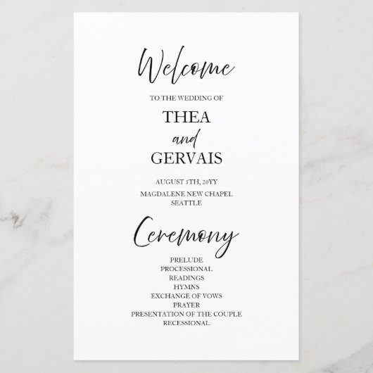 Elegantes Script Calligraphy White Wedding Program (Vorderseite)