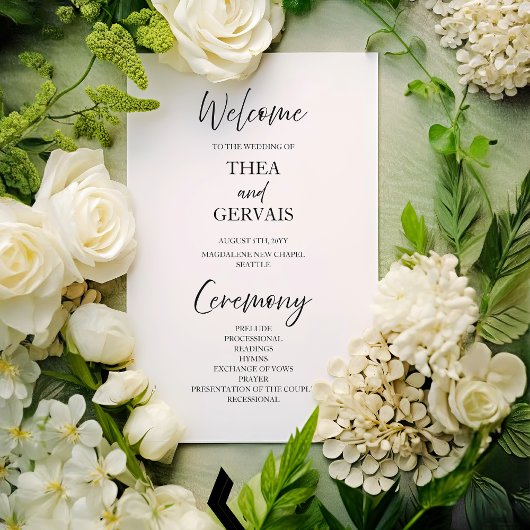 Elegantes Script Calligraphy White Wedding Program