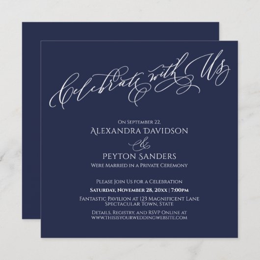 Elegantes Script Celebrate mit US Navy Blue Einladung (Vorne/Hinten)