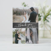 Elegantes Script Chalkboard Hochzeitsszenario Foto Dankeskarte (Stehend Vorderseite)