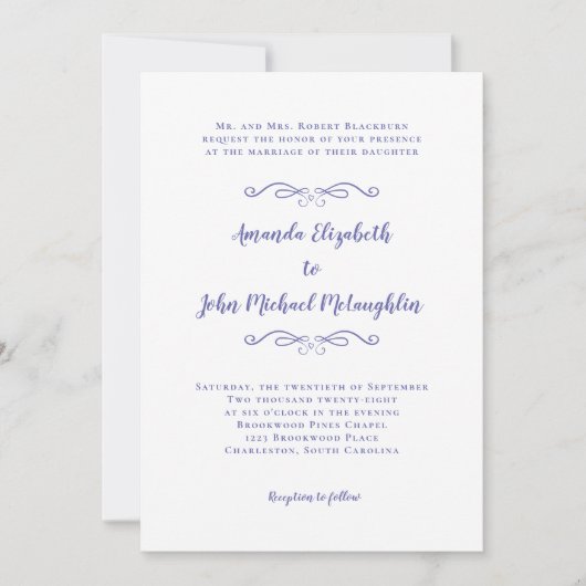 Elegantes Script Classic Wedding Periwinkle Blue Einladung (Vorderseite)