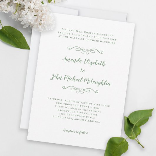 Elegantes Script Classic Wedding Sage Green in Einladung