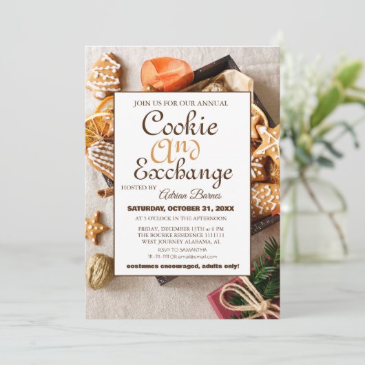 Elegantes Script Cookie Exchange Weihnachtsgeschen Einladung (Stehend Vorderseite)