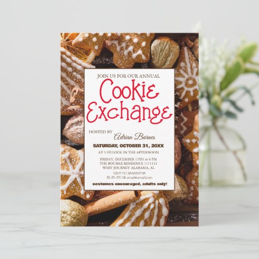 Elegantes Script Cookie Exchange Weihnachtsgeschen Einladung (Stehend Vorderseite)