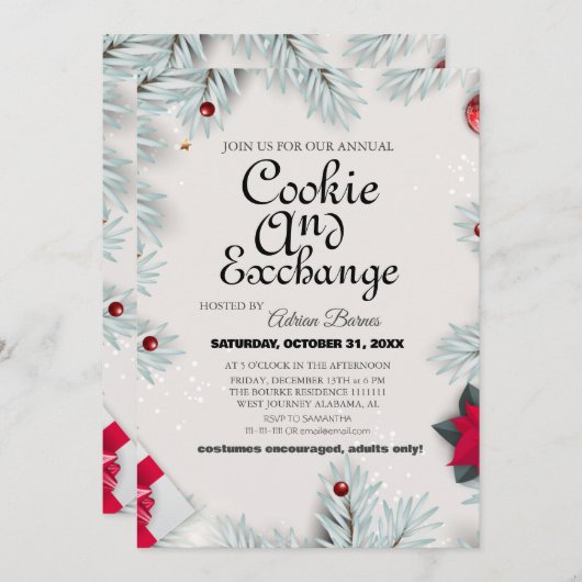 Elegantes Script Cookie Exchange Weihnachtsgeschen Einladung (Vorne/Hinten)