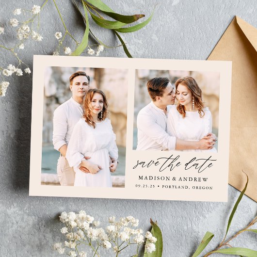 Elegantes Script Cream 2 Foto Save The Date